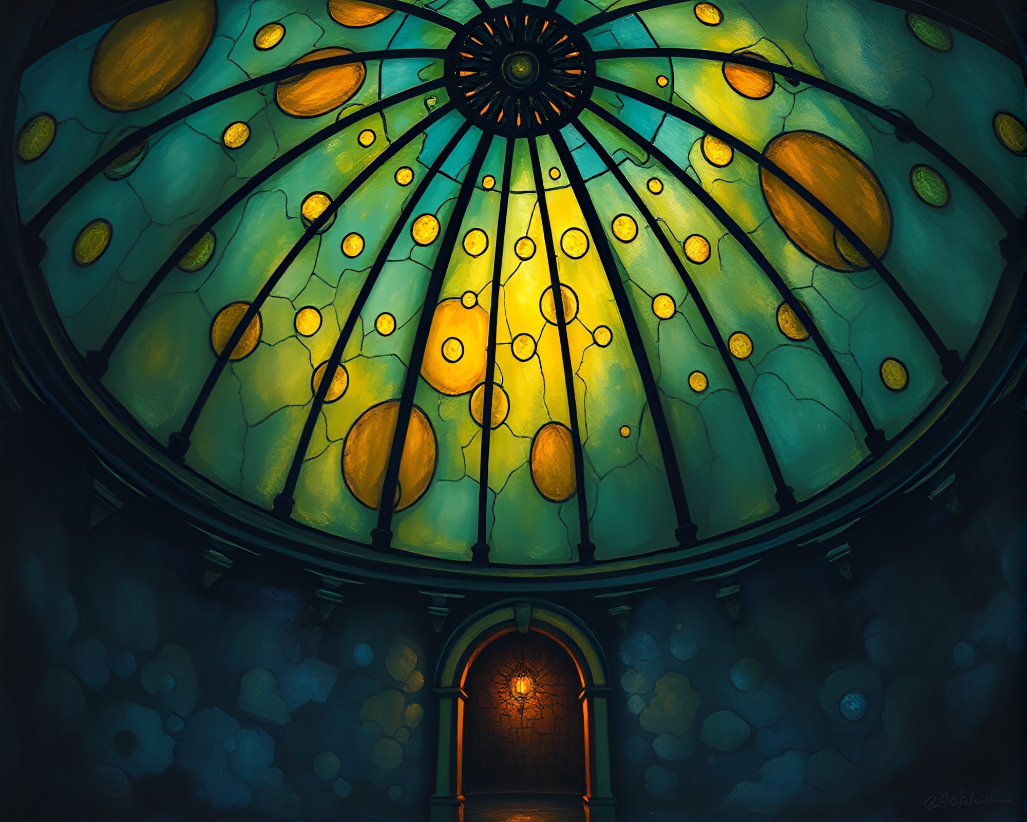 Ethereal Stained Glass Dome Illuminated by Torchlight – free AI stock image