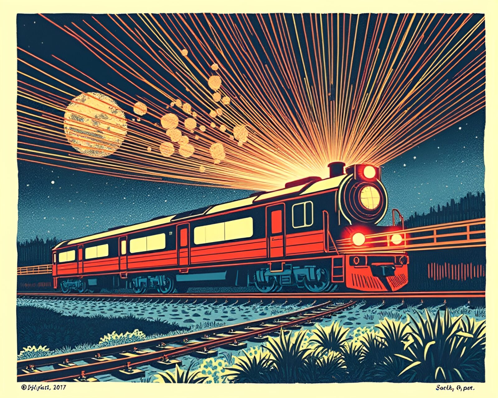 A futuristic magnetic train illuminated by fiber optics.