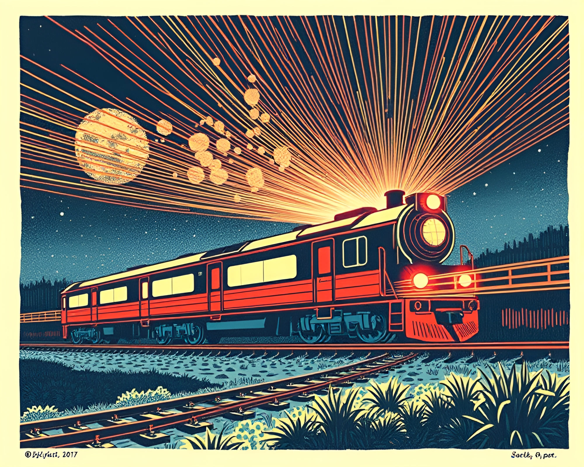 Fiber Optics Maglev Train in Linocut Print – free AI stock image