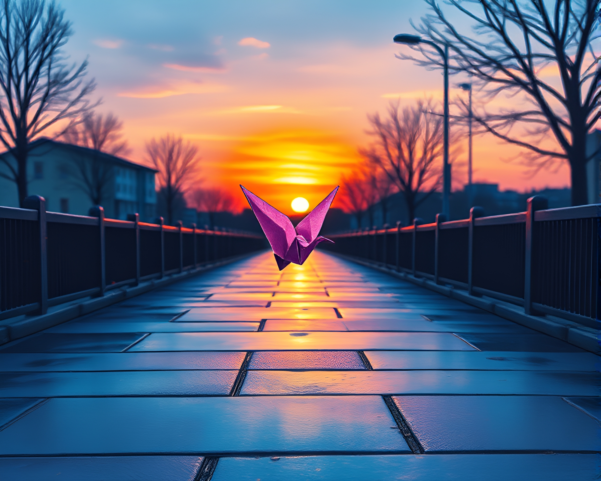 Pastel drawing of sunset over wet origami crane – free AI stock image