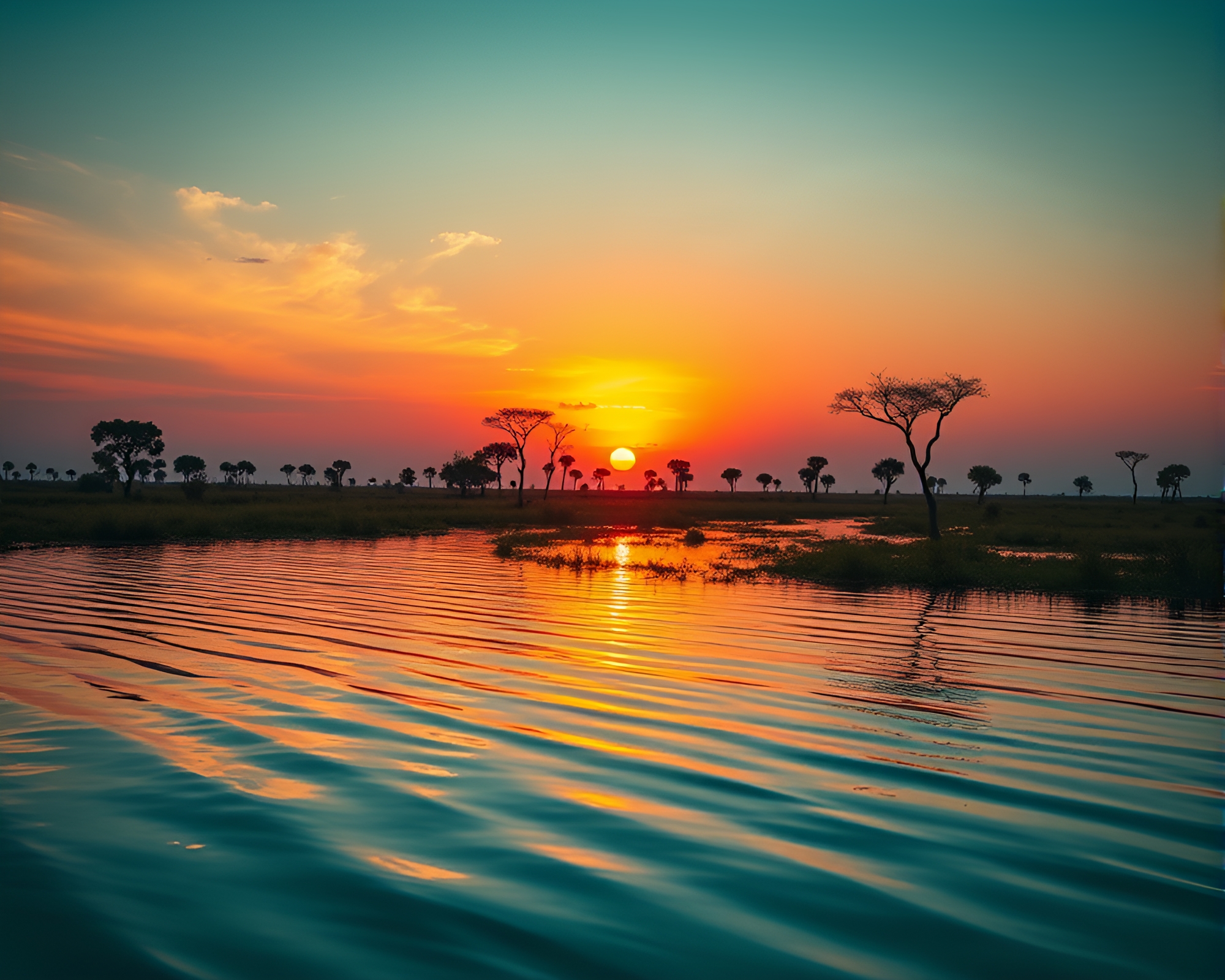 Savanna Sunset Reflection: Turquoise Water Divisionism – free AI stock image