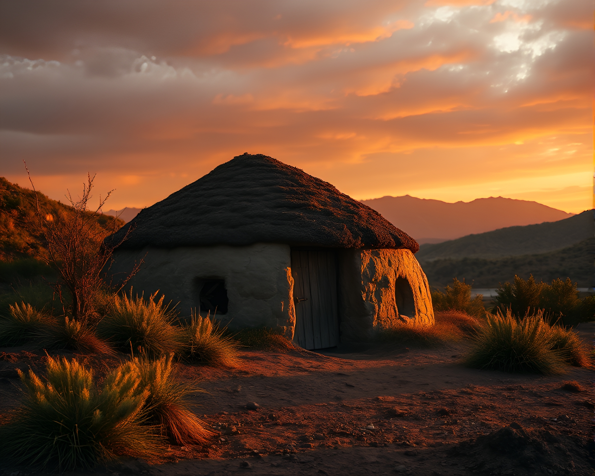 Golden Hour Mud Hut in Volcanic Ash Tint – free AI stock image