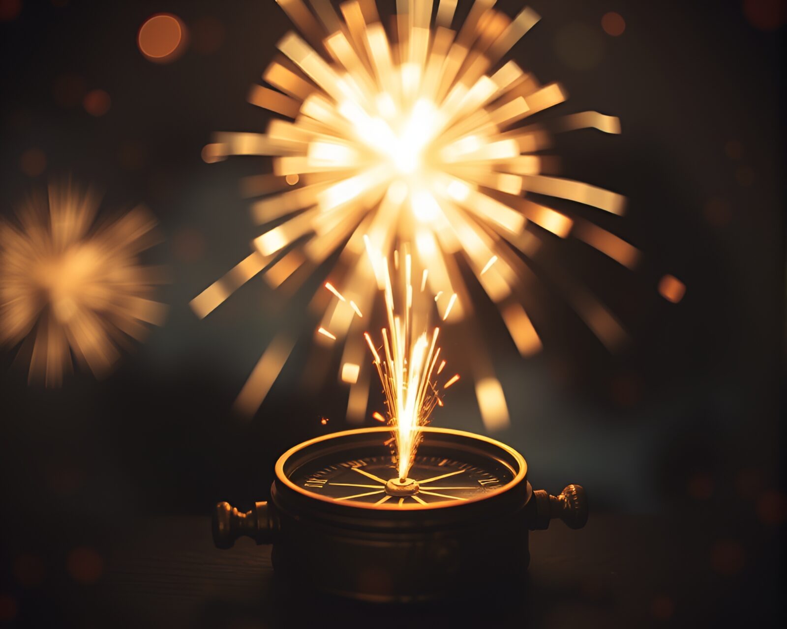 Double exposure photo of a vintage compass with holographic fireworks in the background