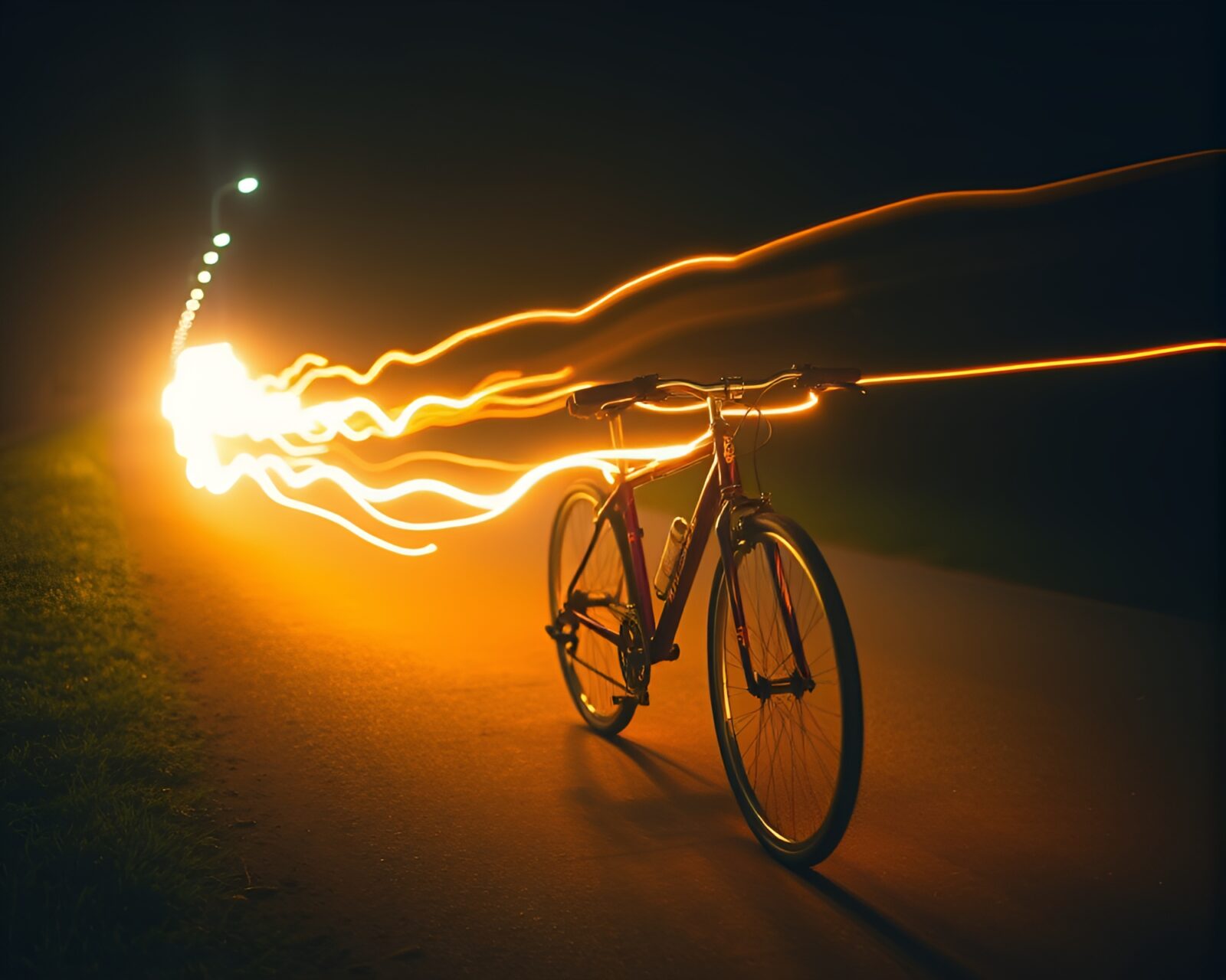 Illuminated bicycle moving through warm off-white light trails