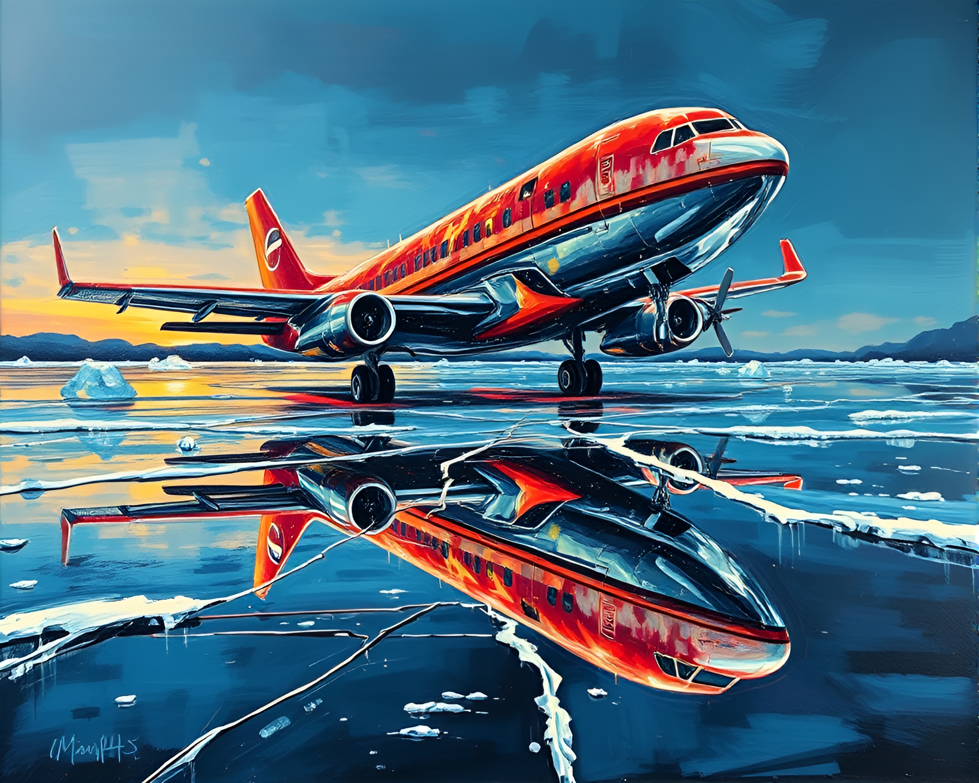 Neon Airplane Reflection in Crackling Ice Art – free AI stock image