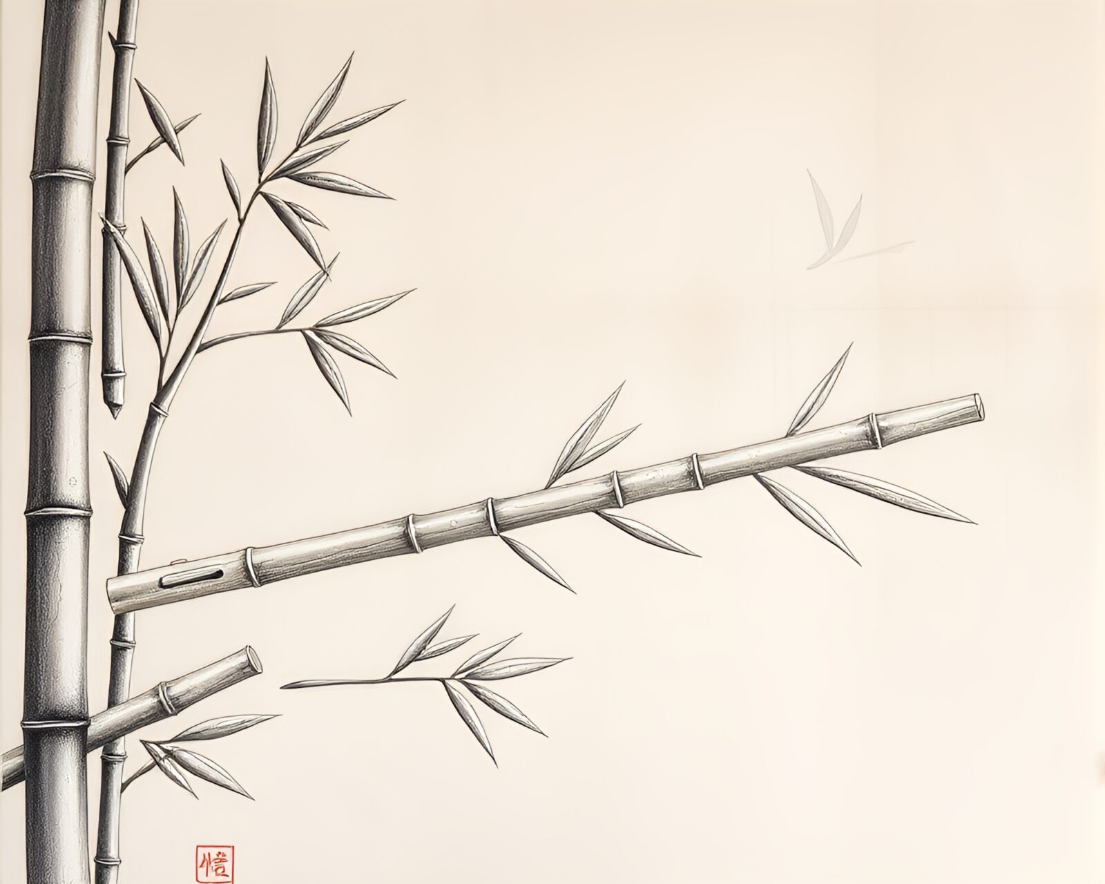Soft pastel tones mural with intricate bamboo flute details