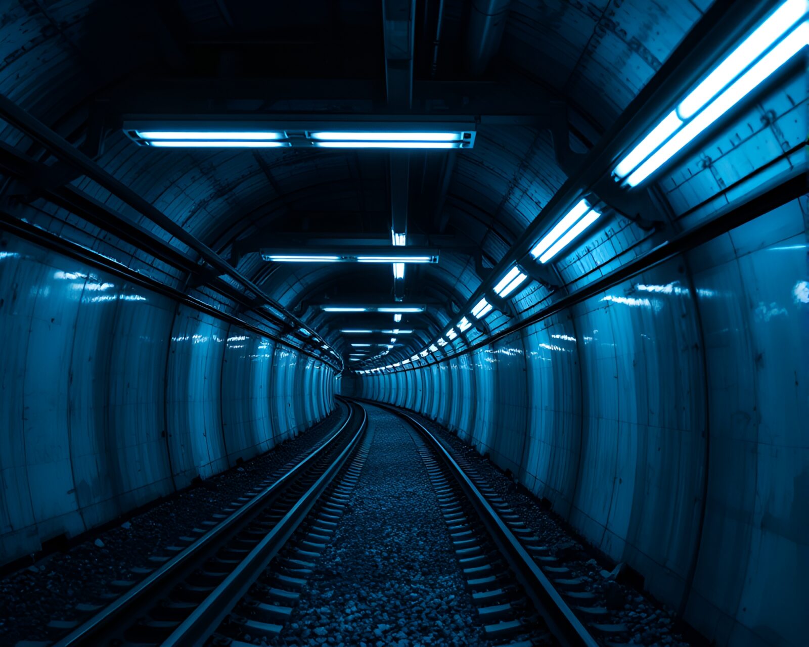 Surreal steel-blue bunker scene with fluorescent light trails