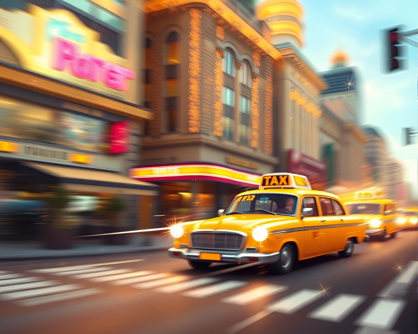 Blurred taxi streaks outside metallic flake art deco hotel