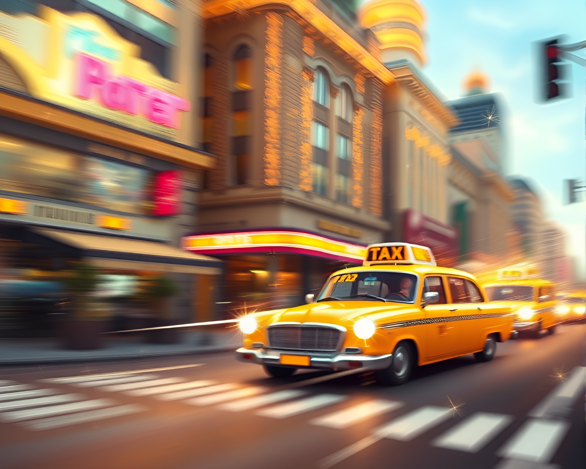 City Taxi Rush at Dusk in Cartoon Art Deco Style – free AI stock image