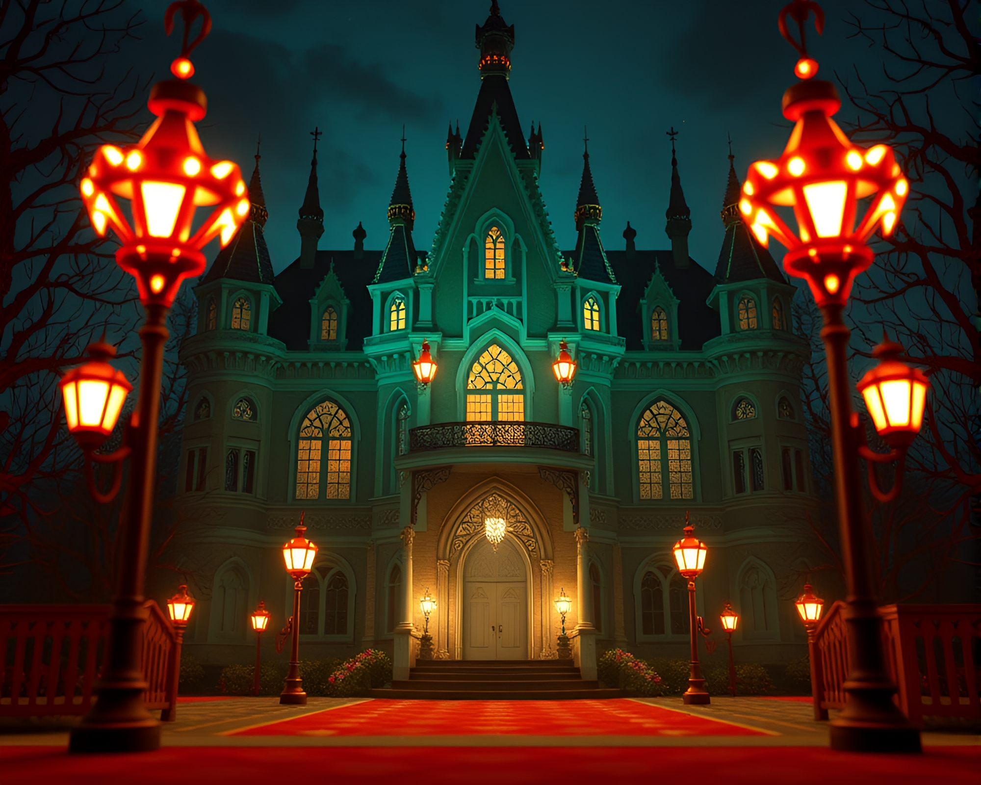 Neo-Gothic Carnival Mansion Illuminated by Carnival Lights – free AI stock image