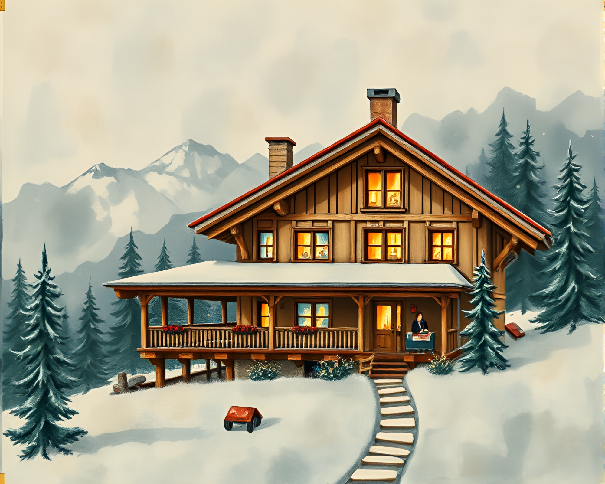 Impasto Alpine Chalet Stitched Patchwork – free AI stock image