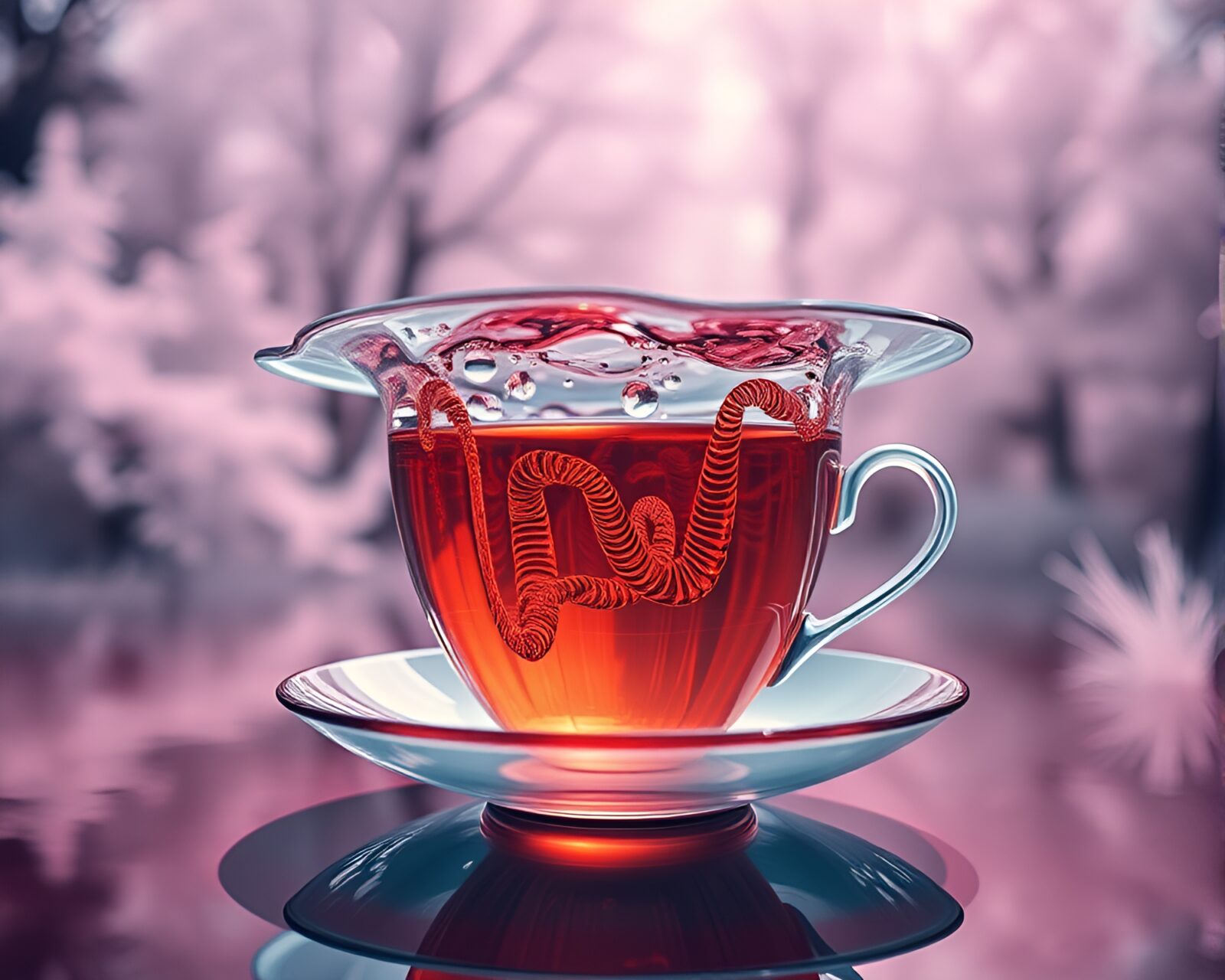 A dreamy floating tea cup with surreal colors on water