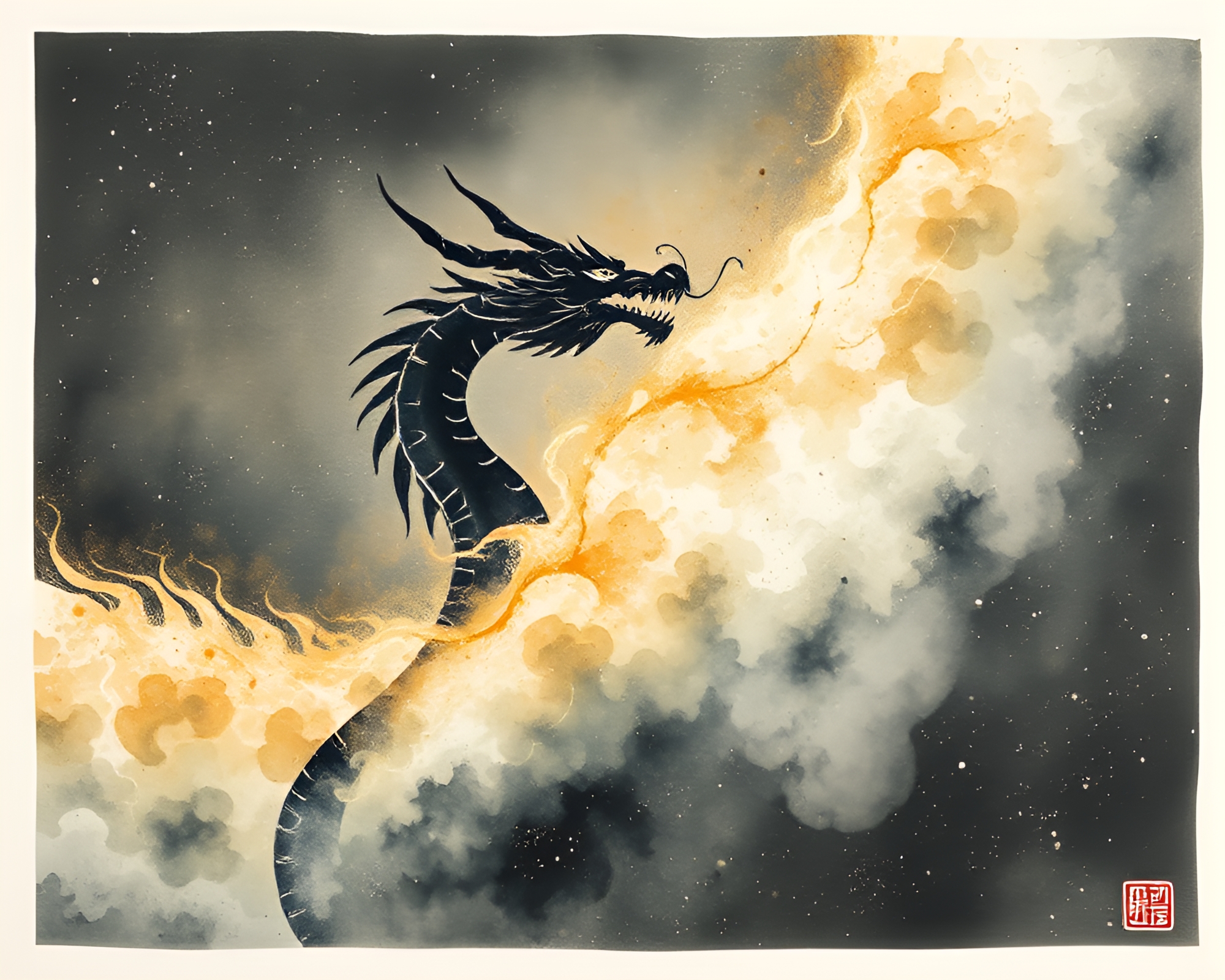 Celestial Dragon Amidst Light Streaks and Mildew Spots – free AI stock image