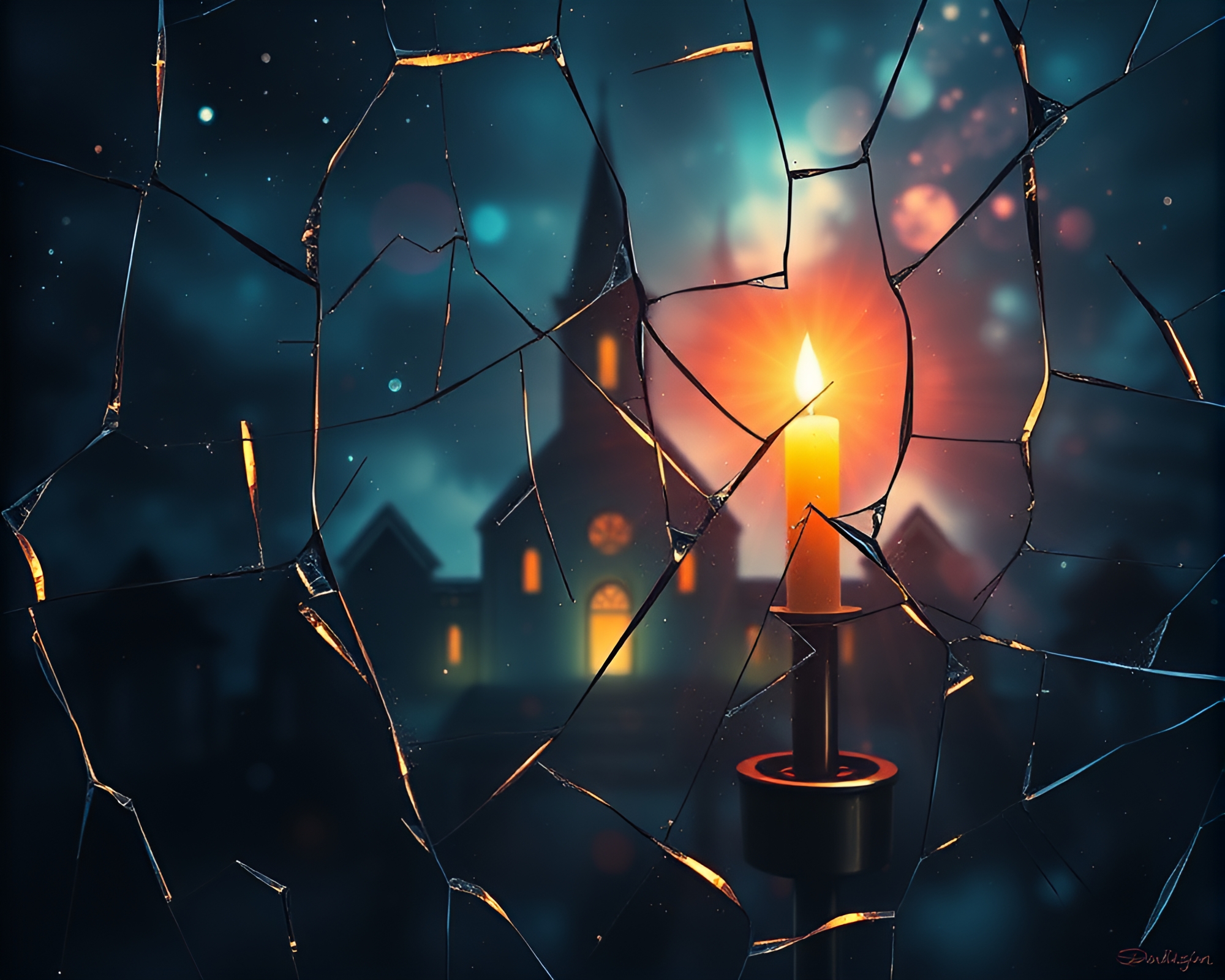 Broken Glass Reflection in Parallel Universe Church – free AI stock image