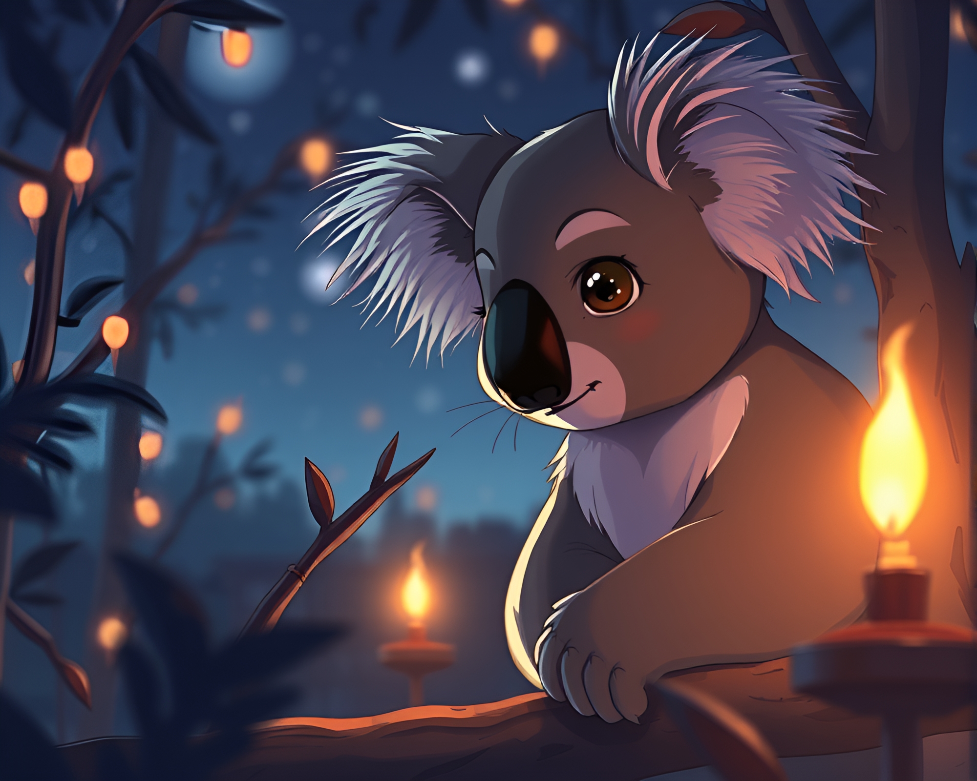 Koala in Candlelit Anime Scene – free AI stock image