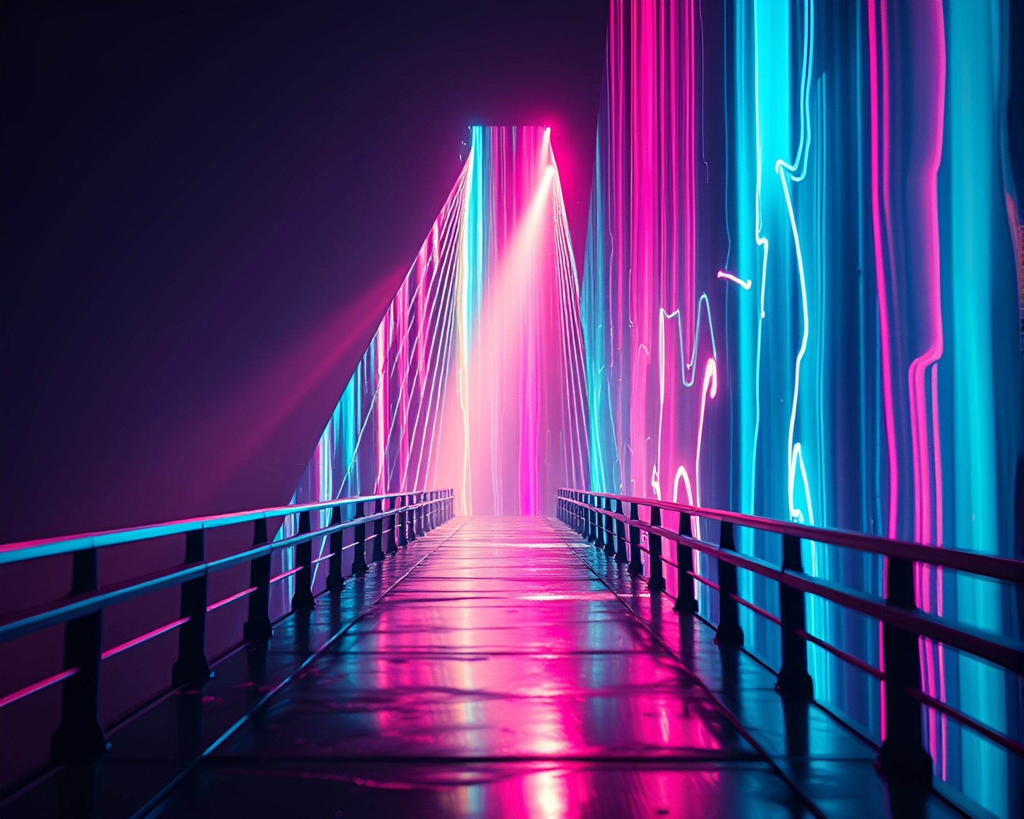 Synthwave Glass Bridge with Paint Drips Spotlight – free AI stock image