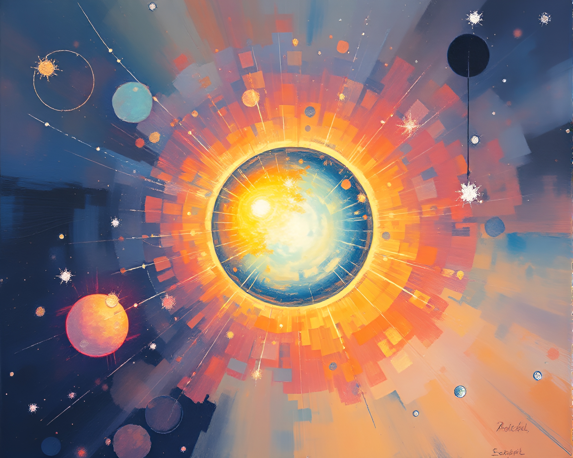 Impressionist Shield Bathed in Planetary Pastel Sunburst – free AI stock image