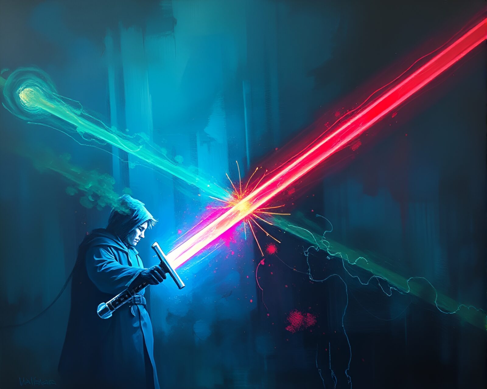 Vibrant oil painting of laser sword slicing paper tears