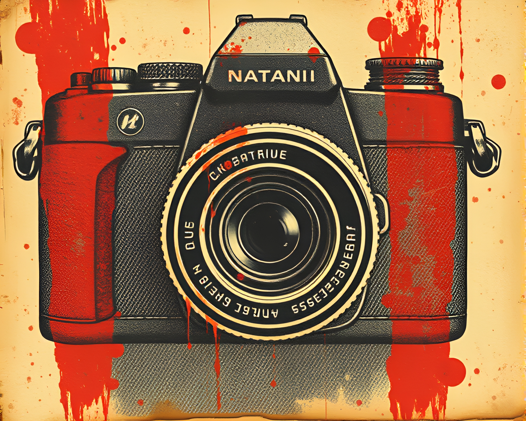 Rust Stain Camera: Linocut Print Style Denim Composition – free AI stock image