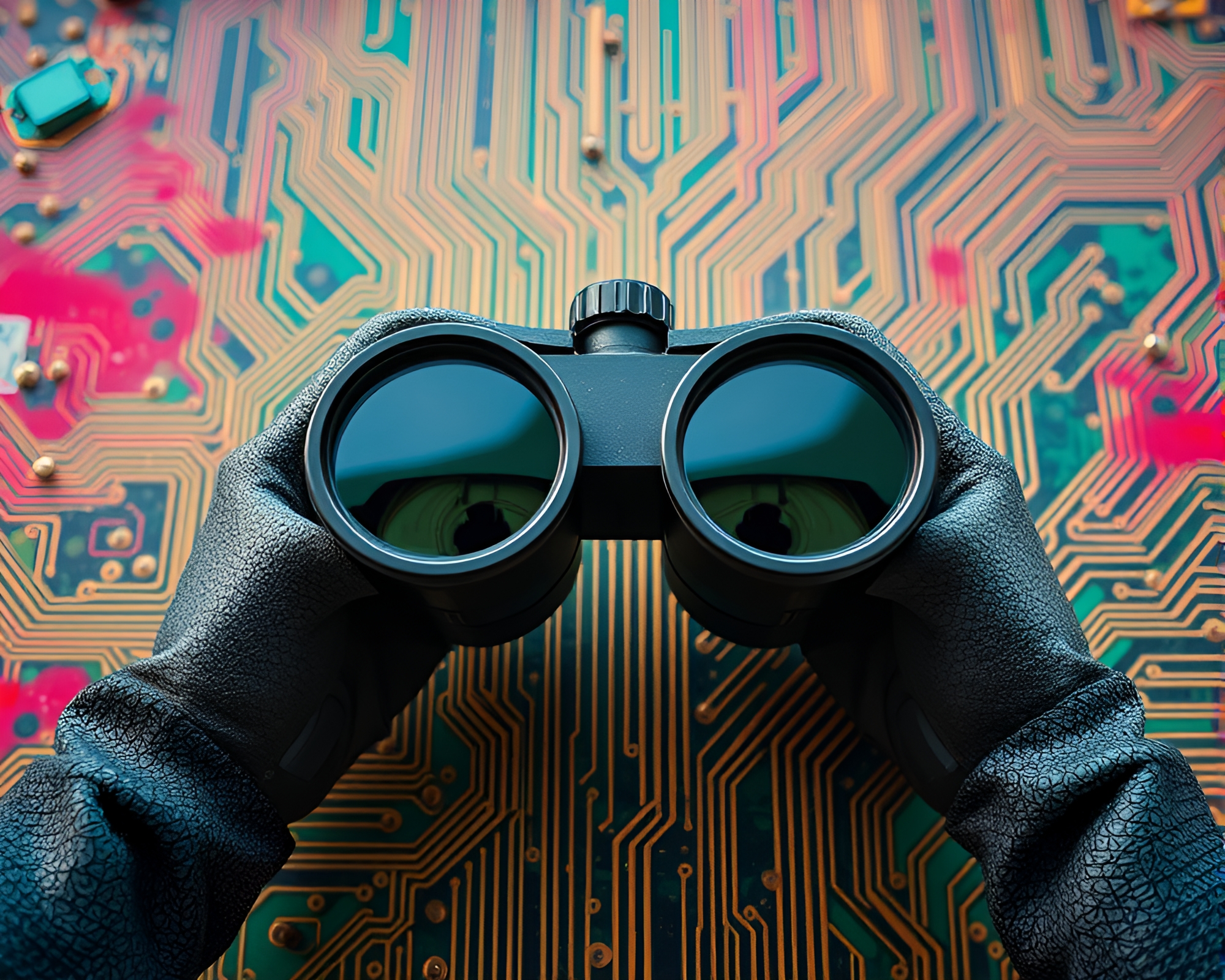 Graffiti Binoculars on Circuit Board: Wide-Angle Perspective – free AI stock image