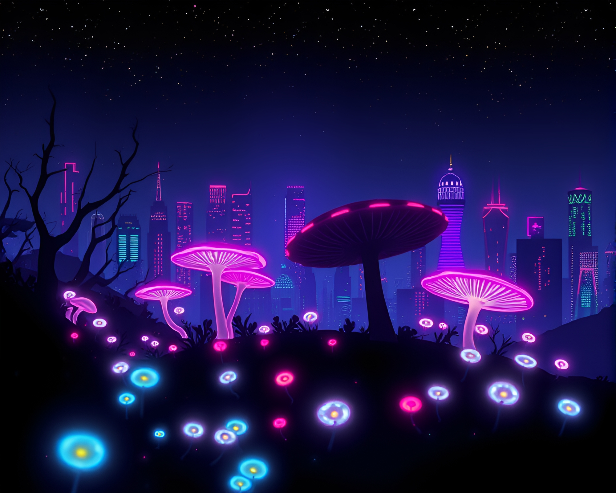 Neon City Fungal Bioluminescence Silhouette Illustration – free AI stock image