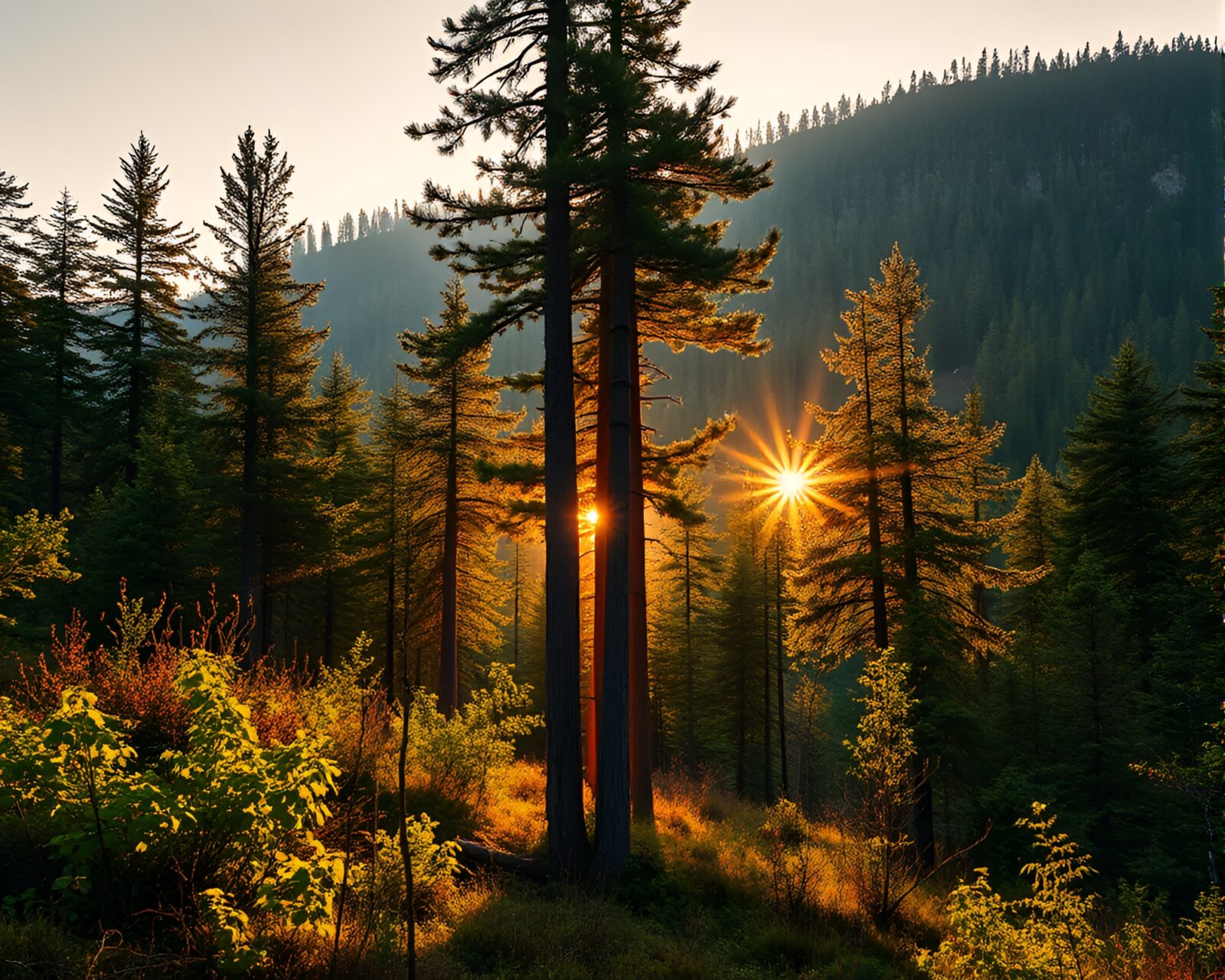 A wide shot of a mystical forest bathed in golden light with a collage-style twist