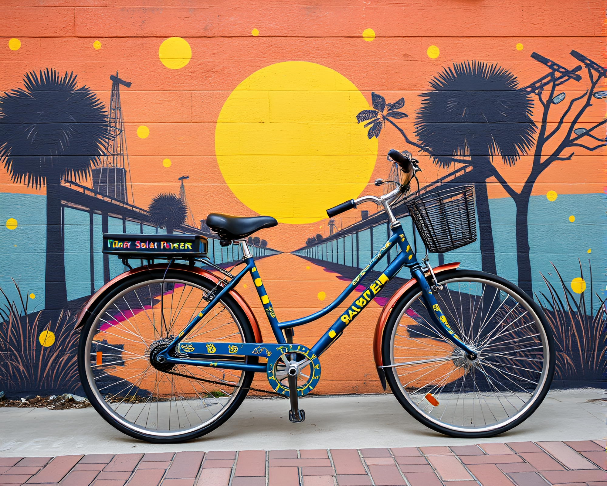 Solar-Powered Bike Roaming Savannah Golds Mural – free AI stock image