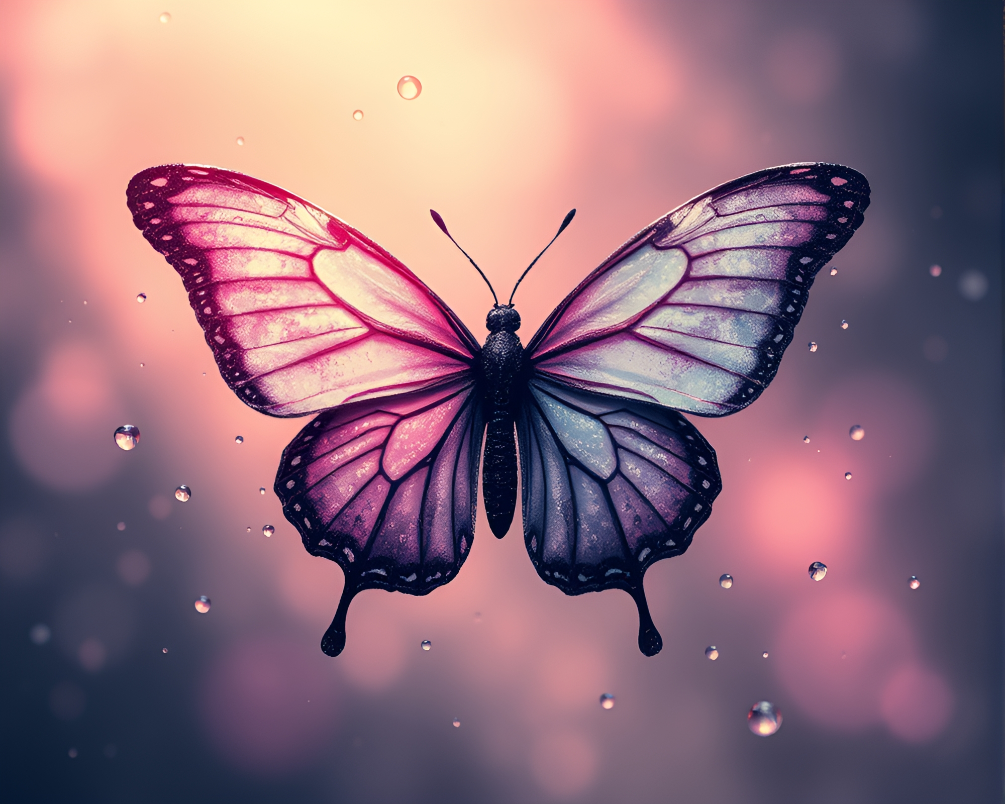 Silk Butterfly Among Retro Pixel Water Droplets – free AI stock image
