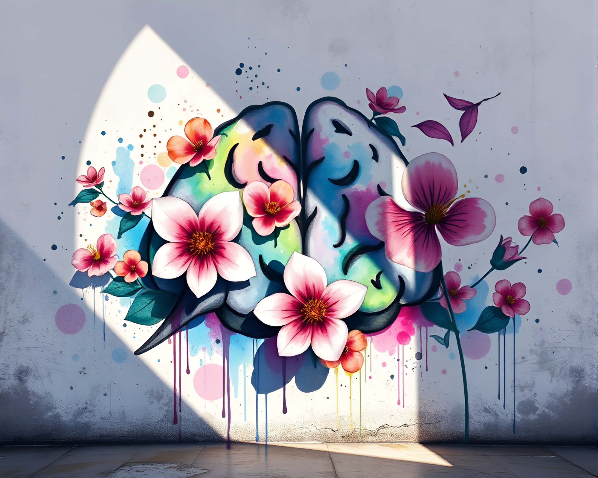 AI Brain Blooms in Graffiti Attic – free AI stock image