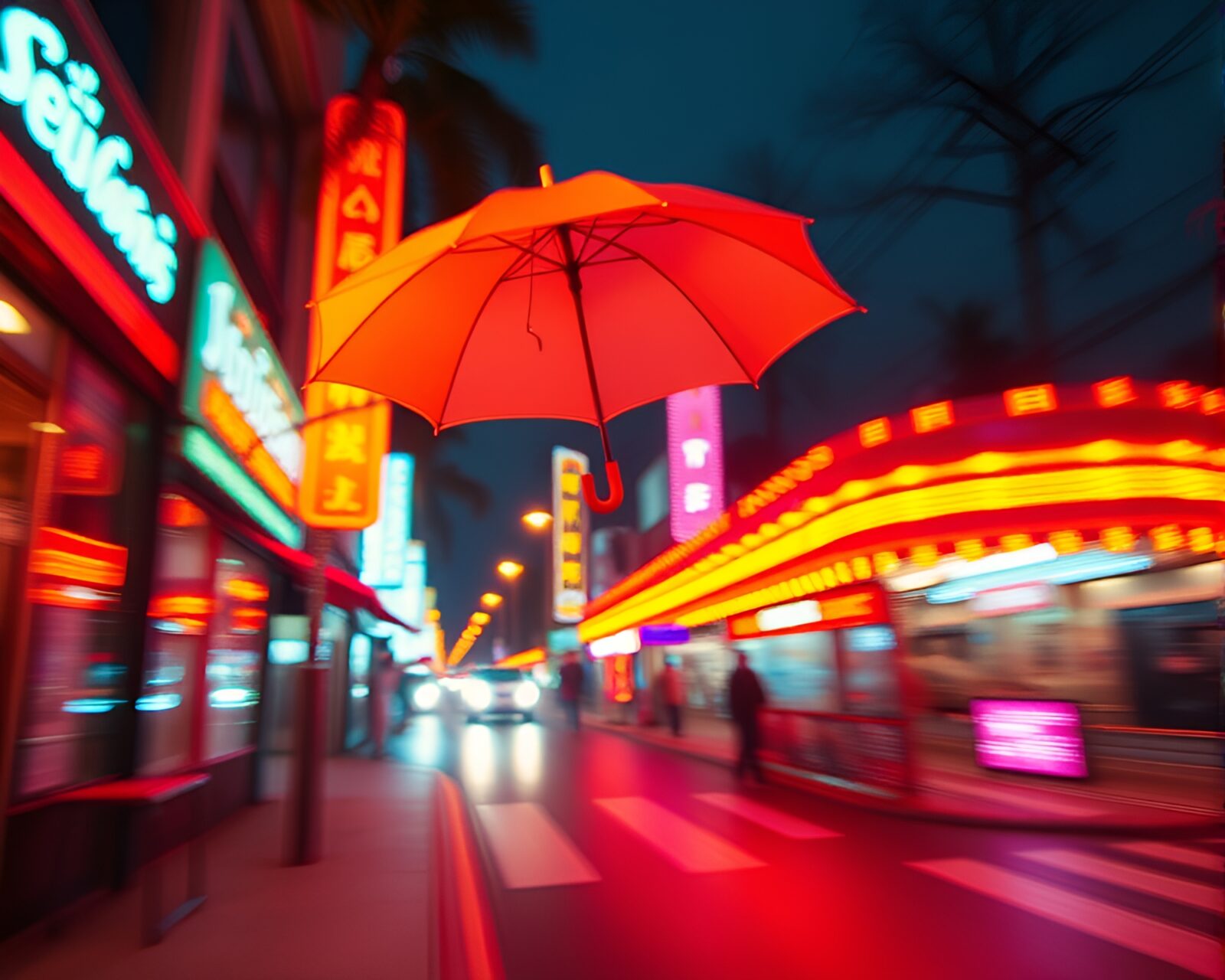 Bronze sheen glowing under neon lights in the rain