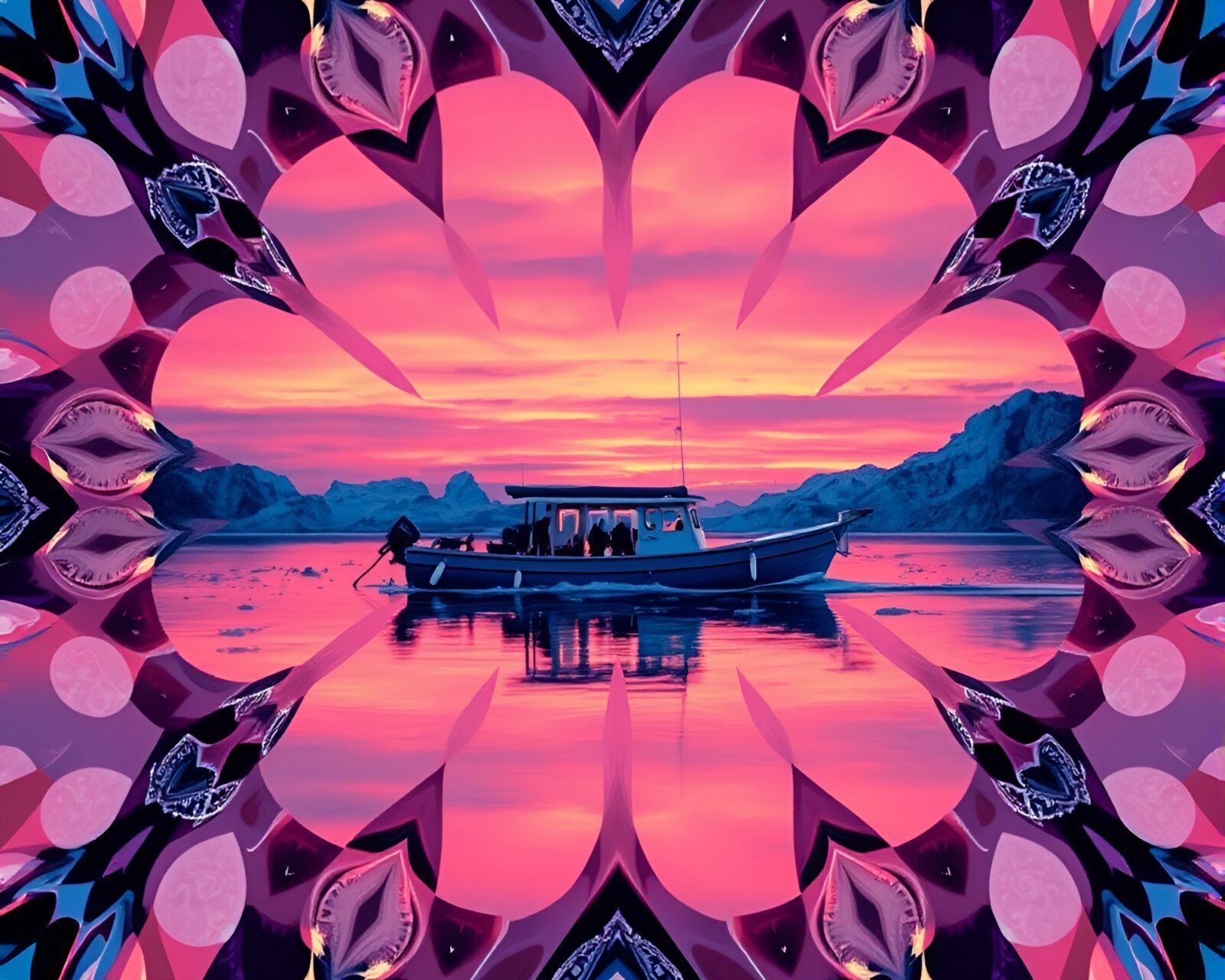 Abstract hydrofoil boat in polar twilight with halftone pattern