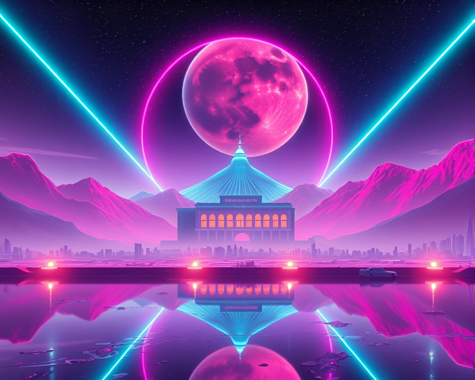 Vibrant neon trumpet amidst ethereal pastel cosmic background
