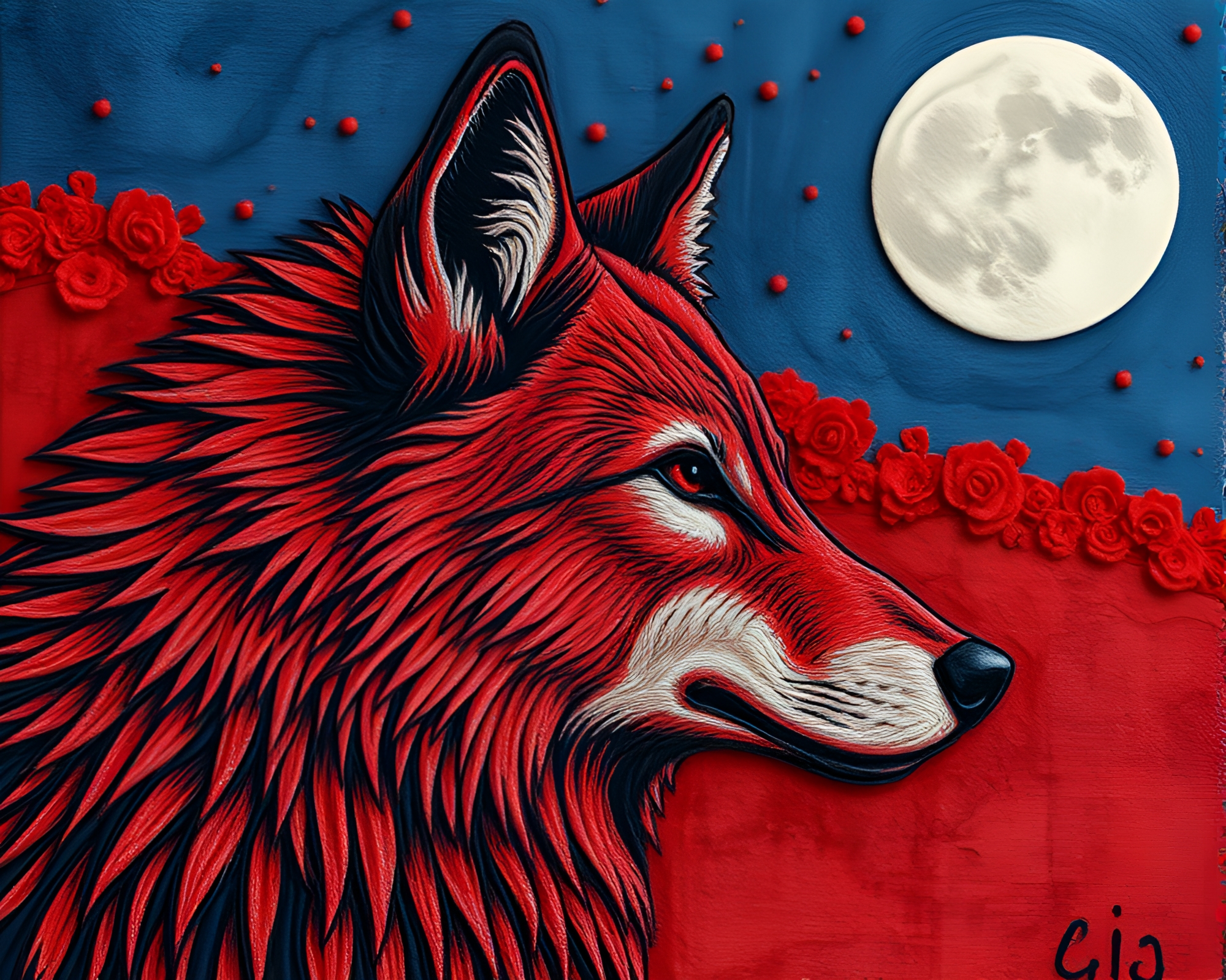 Moonlit Wolf Embroidered Encaustic Painting – free AI stock image