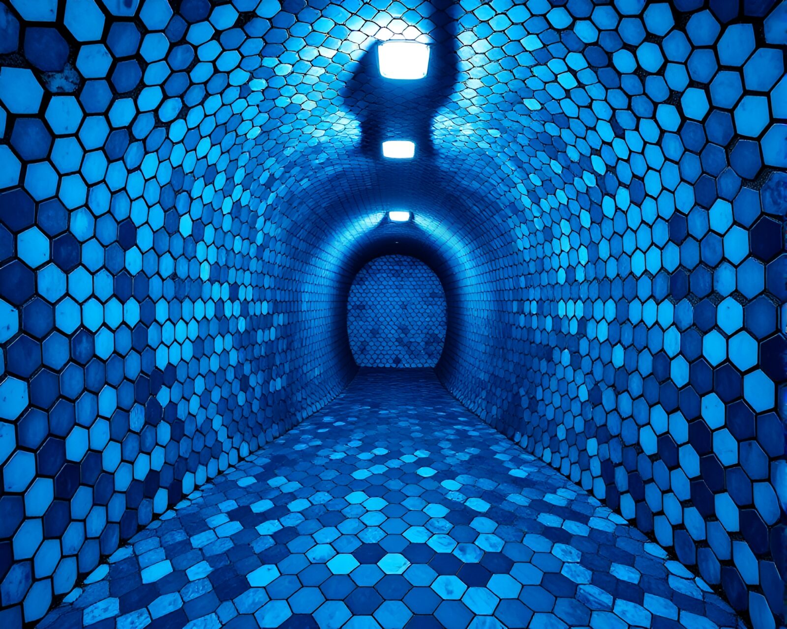 Hexagonal tiling in shades of monochrome blue underground bunker
