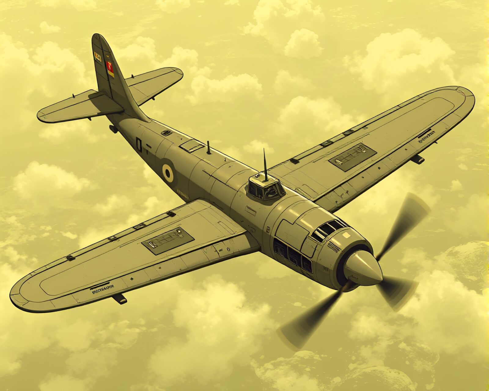Steampunk airplane soaring high amidst drab clouds