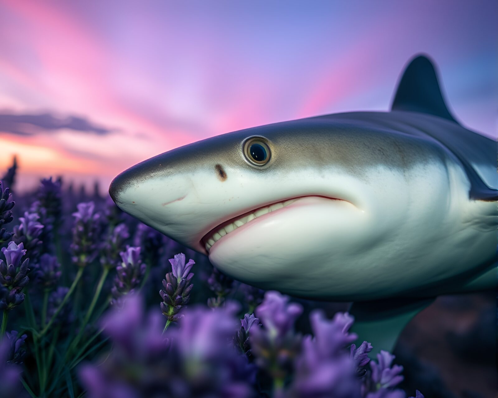 Extreme close-up of a shark tooth under twilight sky