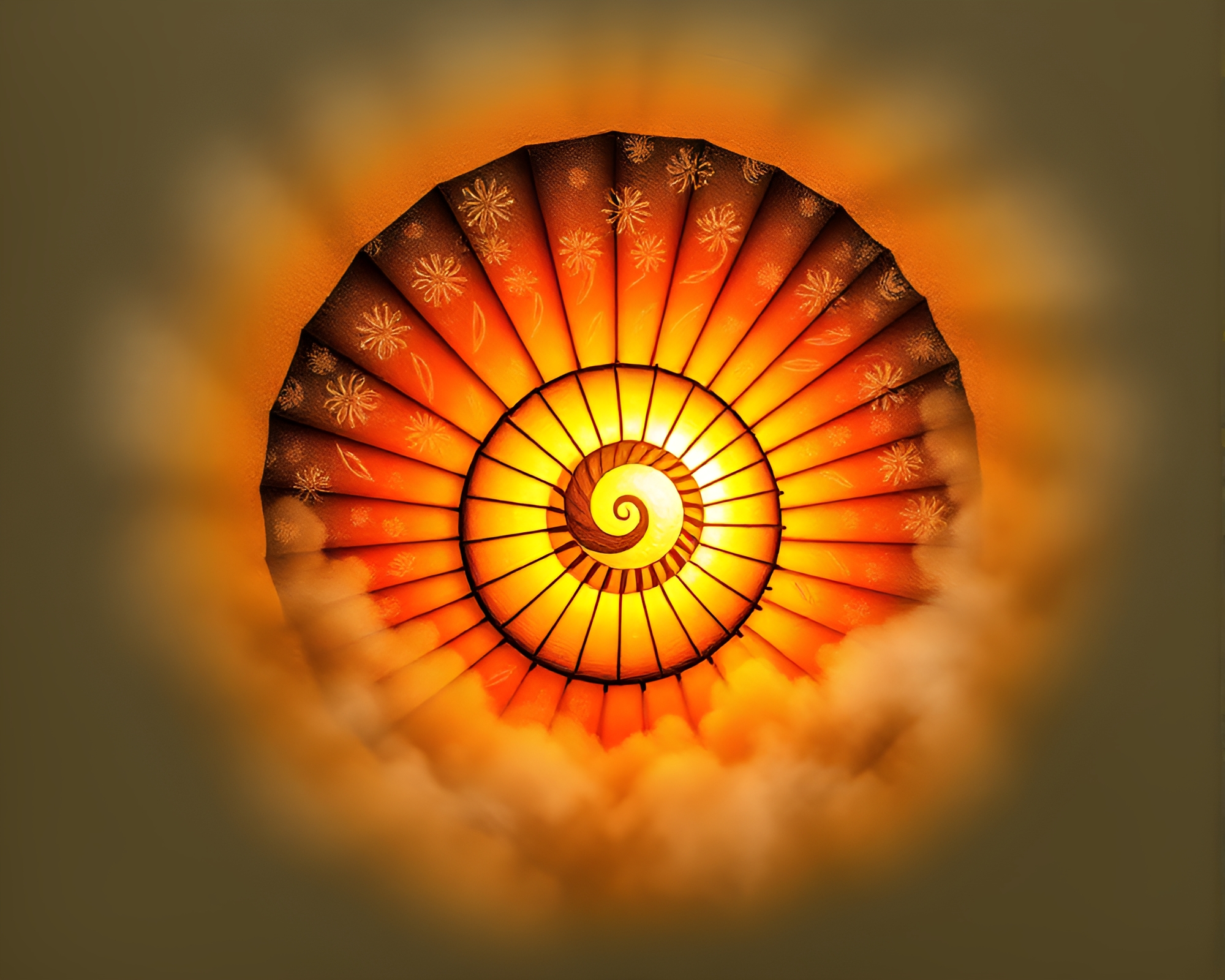 Golden Spiral Hand-Painted Fan at Dawn Mist – free AI stock image