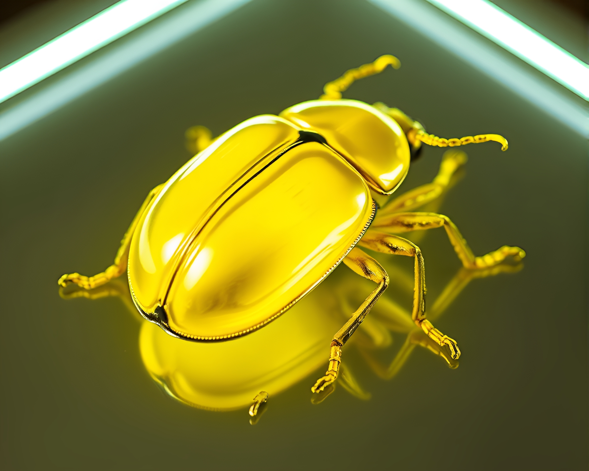 Foil-Stamped Lemon Beetle Illuminated in Fluorescent Light – free AI stock image
