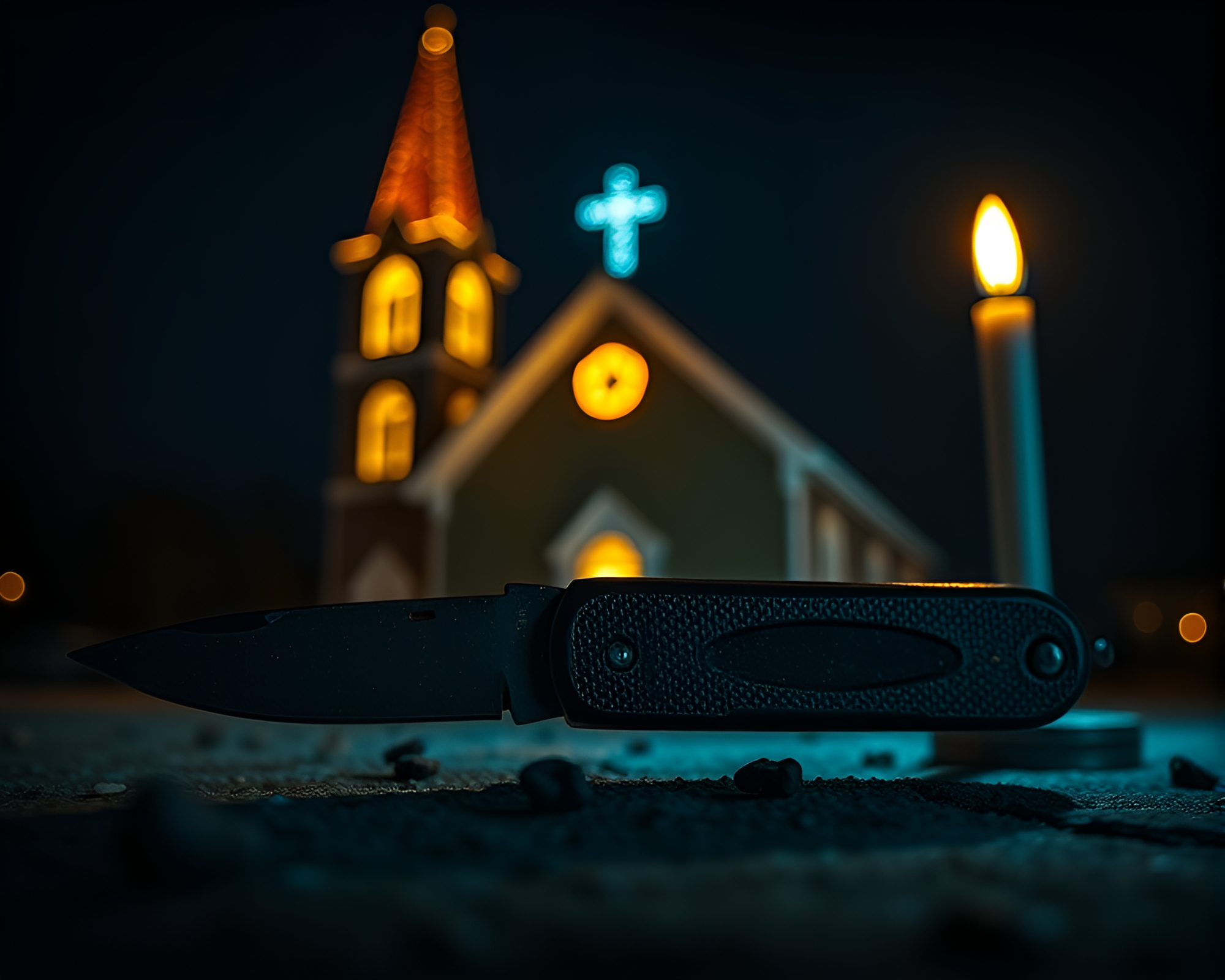 Rusty Pocketknife Glowing under Neon Church Candlelight – free AI stock image