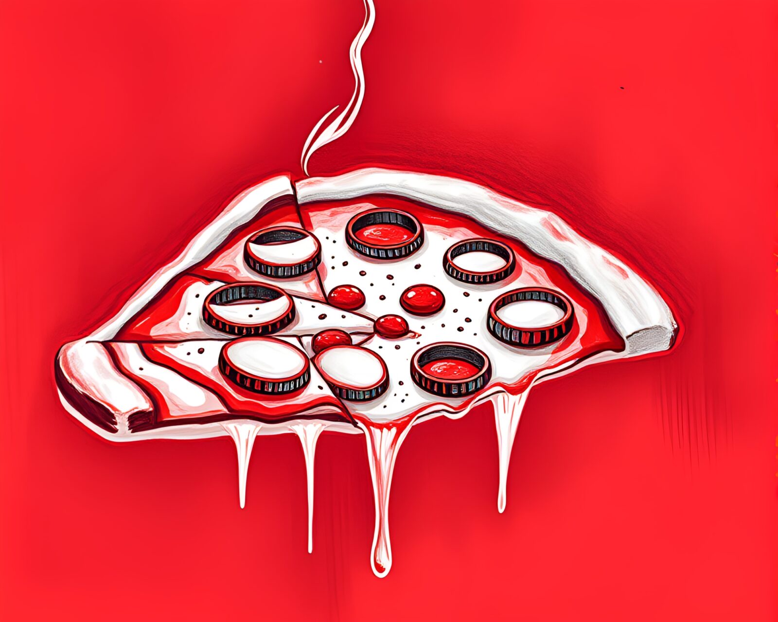 Vibrant pastel drawing of a pizza slice in red tones