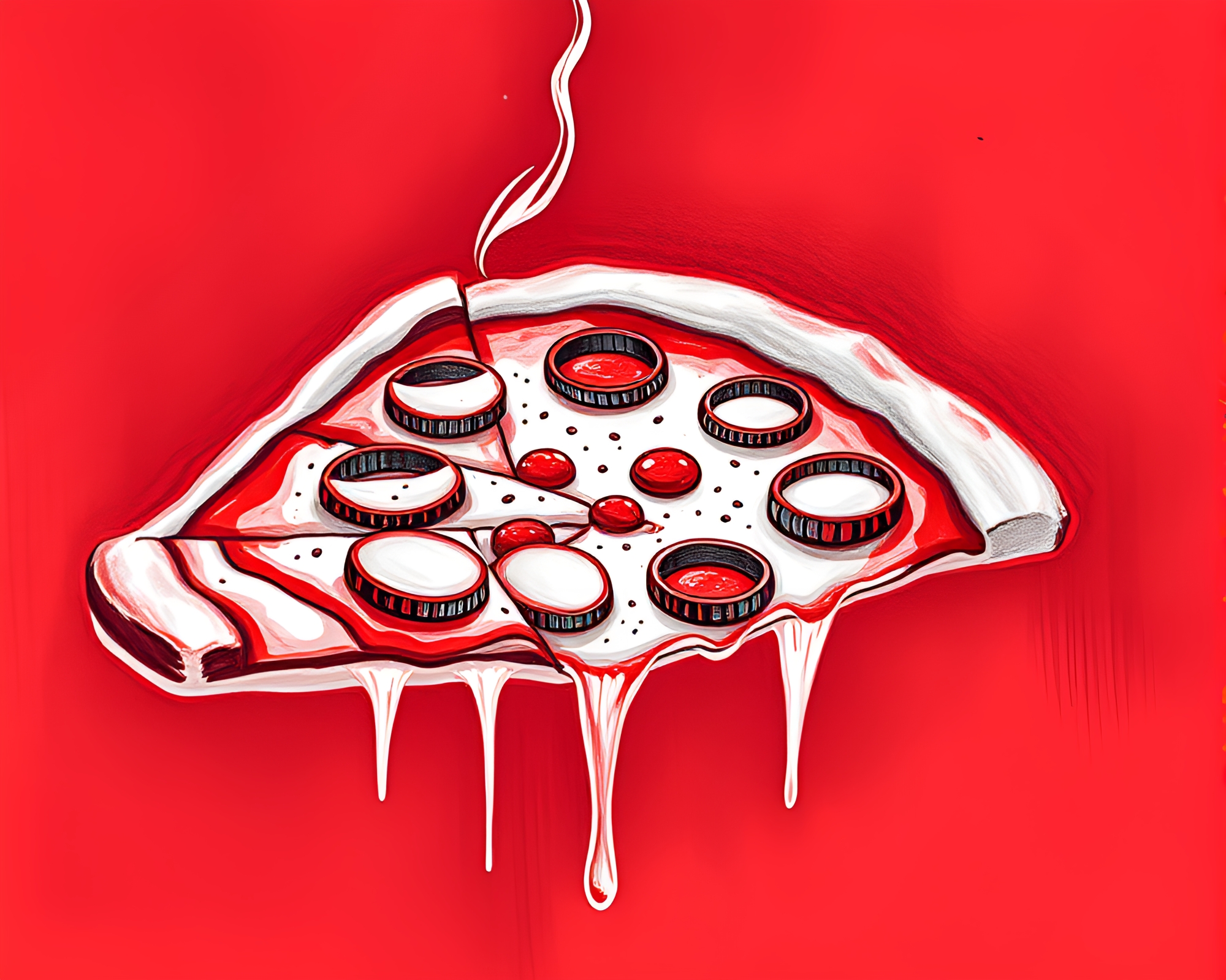 Surreal Pizza Slice in Monochrome Red Pastel Drawing – free AI stock image