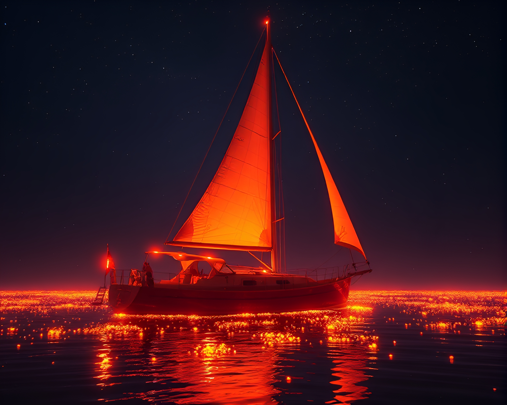 Solar Sailboat Glides Amidst Floating Embers – free AI stock image