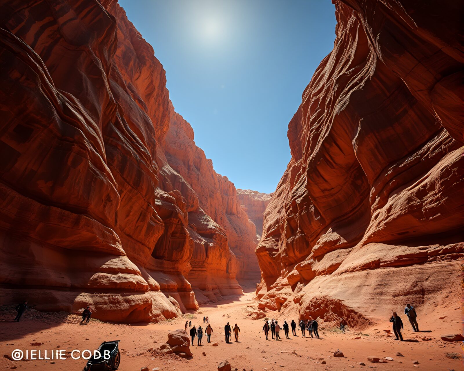 Wide shot of eroded canyon glowing with off-white warmth