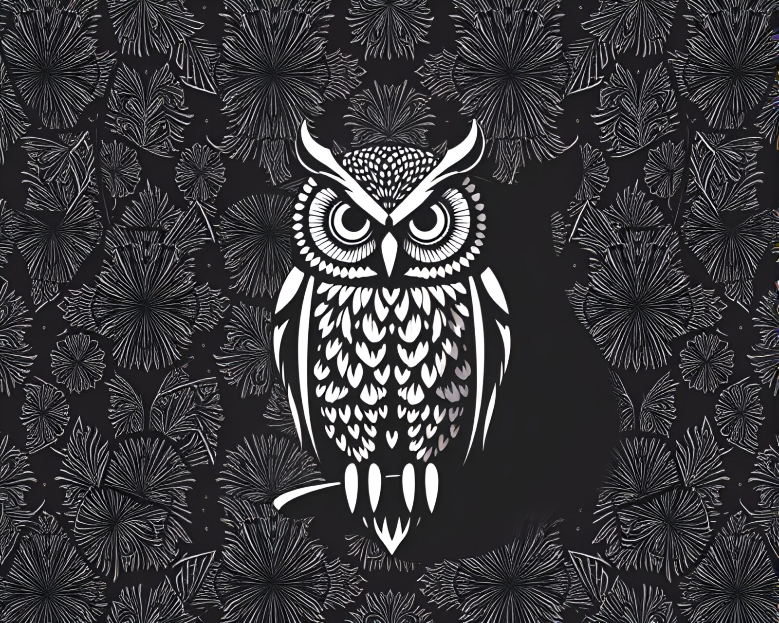 Detailed owl design with intricate patterns and halftone shadows