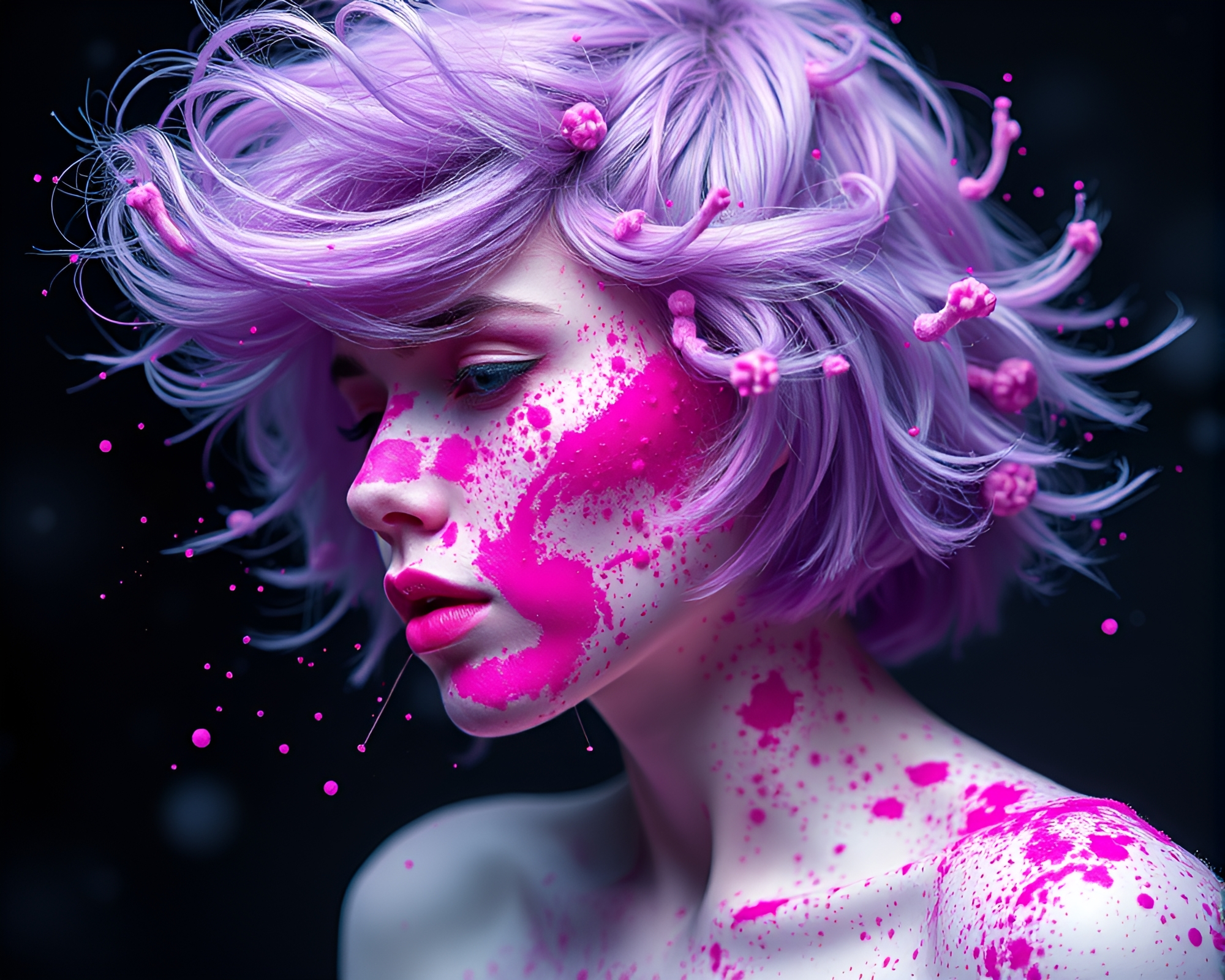 Magenta Space Habitat with Ink Splashes and Hair Simulation – free AI stock image