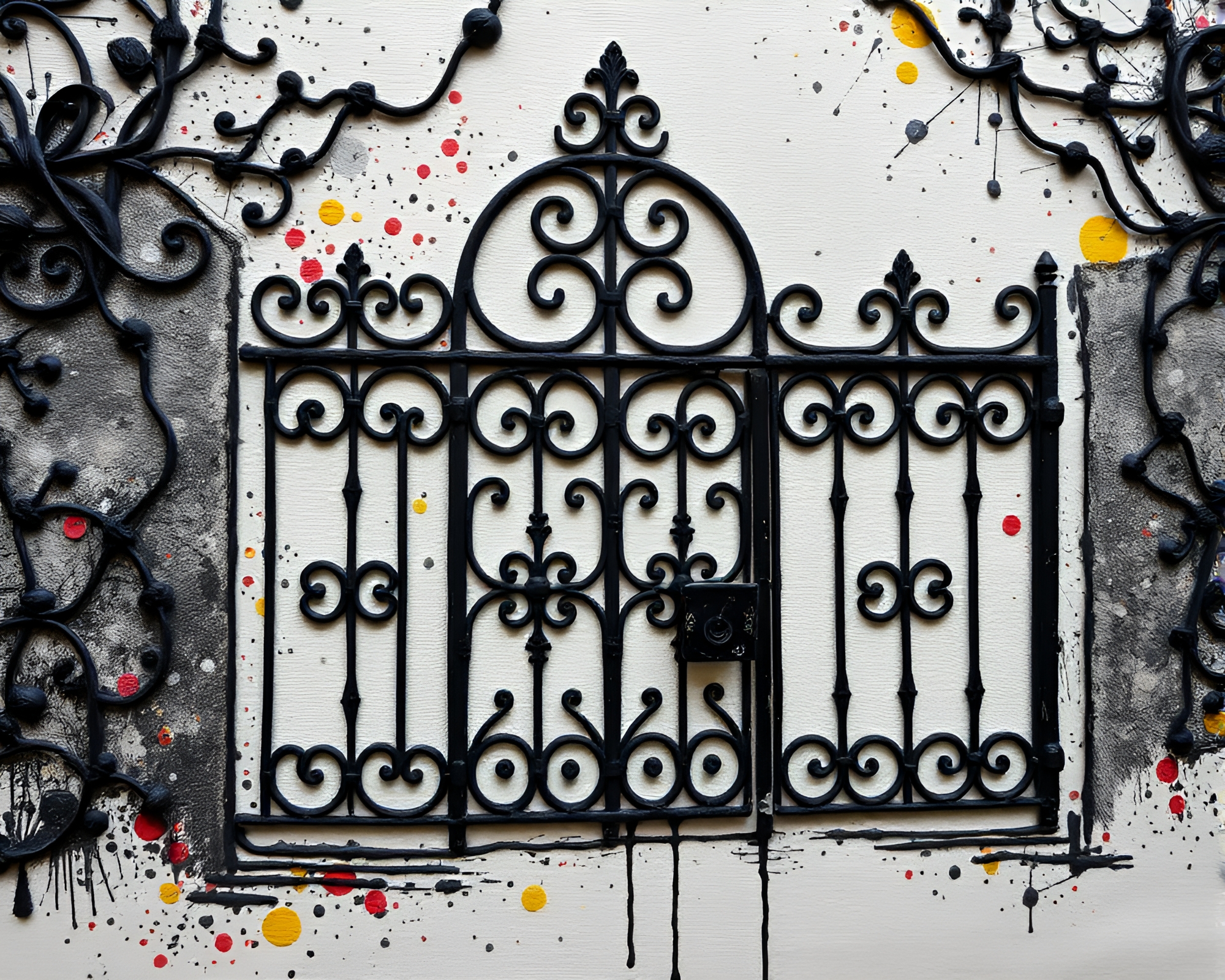 Intricate Wrought Iron Gate Embroidered with Paint Splatter Palette – free AI stock image