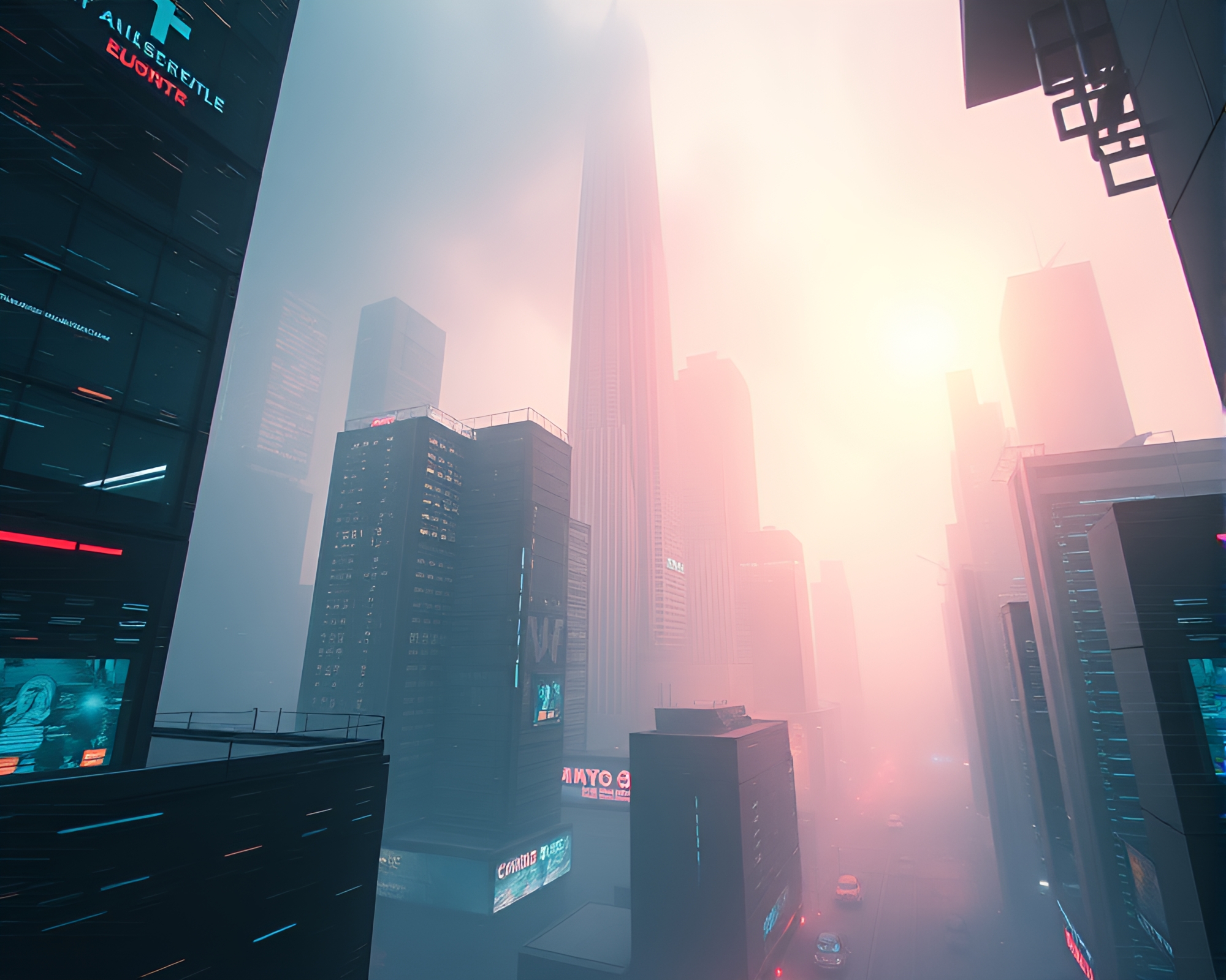 Futuristic Cityscape in Digital Glitch: Low-Angle View – free AI stock image