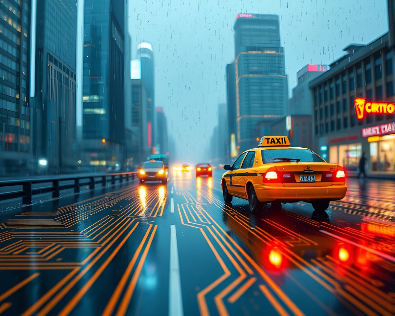 Voxel art of hover taxi on reflective circuit board in rain
