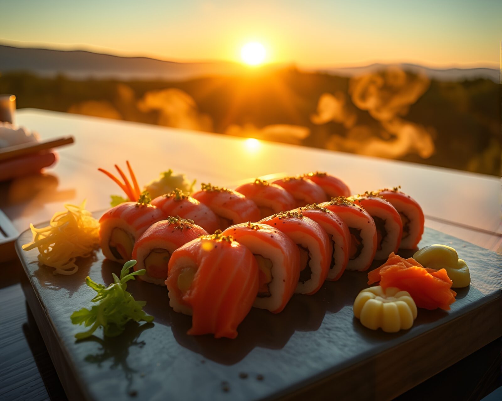 Hyper-realistic sushi platter with sun glares in misty dawning light