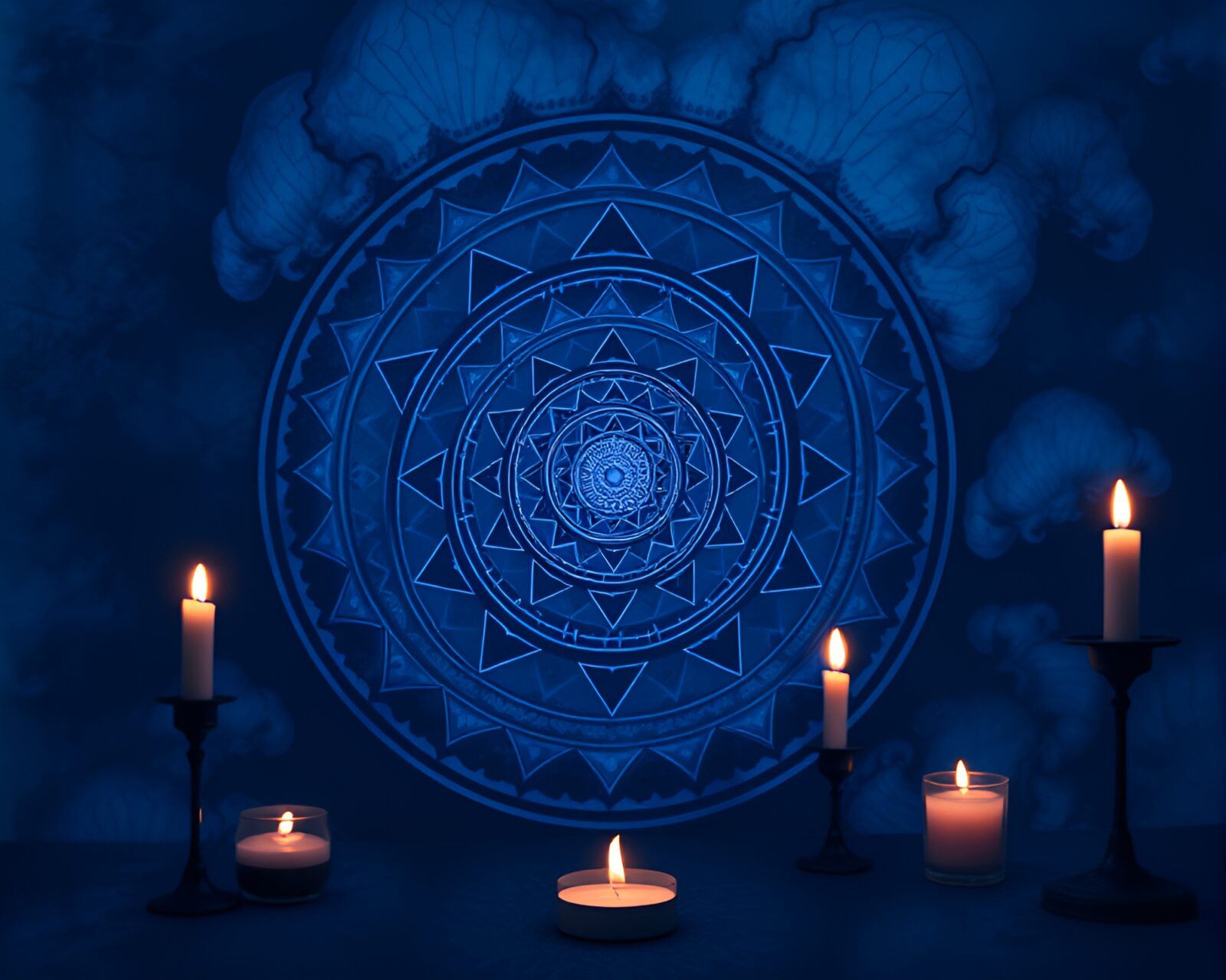 Mystical indigo spiral within candlelit sacred space